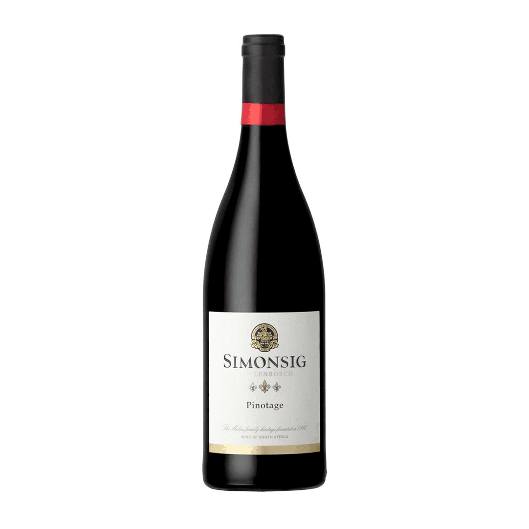 Pinotage Bottle From Simonsig, Showcasing South African Wine Heritage.