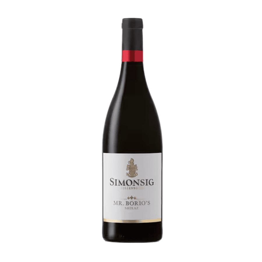 Simonsig Mr. Borio's Shiraz bottle showcasing Stellenbosch wine elegance.