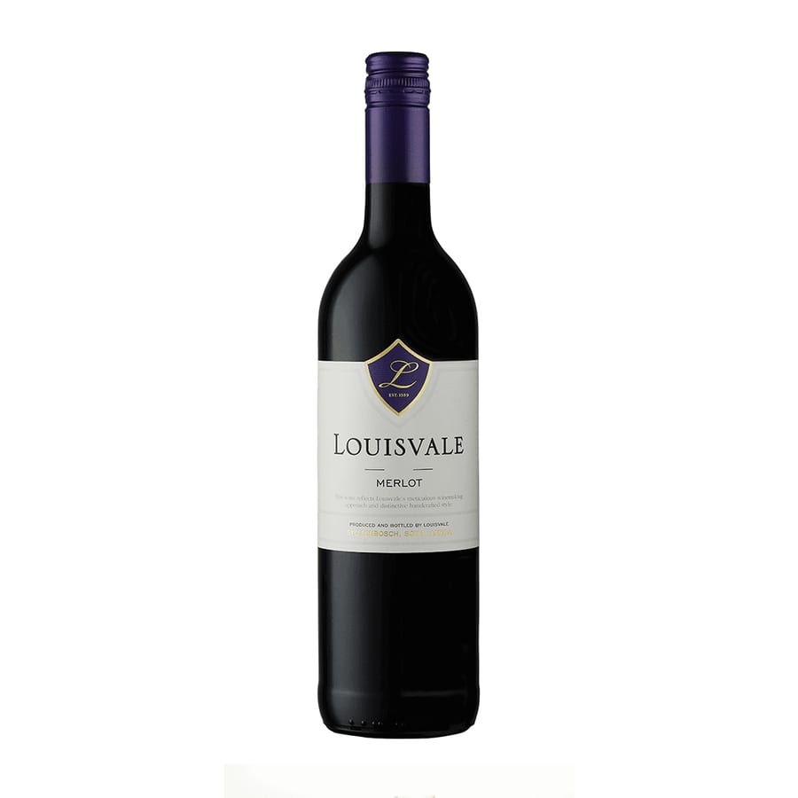 Bottle of Louisvale Merlot 2023 with silky texture, rich red fruit flavours and smooth balanced structure.