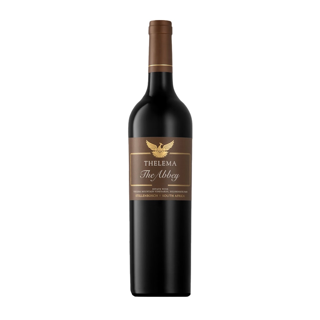 Thelema The Abbey 2022 Featuring A Rich Ruby Red Wine With Polished Clarity In A Dark Bottle With A Brown And Gold Label.