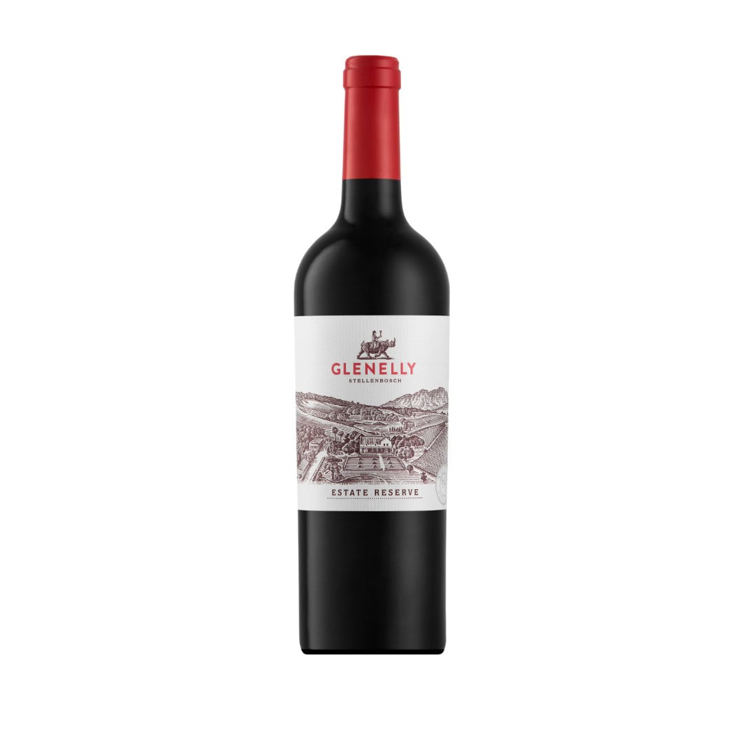 Bottle Of Glenelly Estate Reserve 2017-2018 Showing A Deep Ruby Red Wine With Concentrated Colour And Smooth, Refined Visual Depth.
